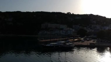 Aerial panoramic view over Patitiri, the capital town of Alonnisos island in Sporades, Aegean sea, Greece in Sporades, Magnesia, Aegean sea, Greece