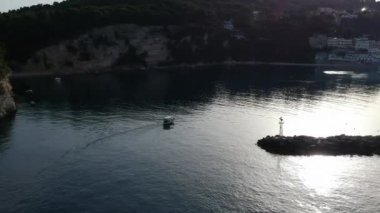 Aerial panoramic view over Patitiri, the capital town of Alonnisos island in Sporades, Aegean sea, Greece in Sporades, Magnesia, Aegean sea, Greece