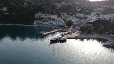 Aerial panoramic view over Patitiri, the capital town of Alonnisos island in Sporades, Aegean sea, Greece in Sporades, Magnesia, Aegean sea, Greece