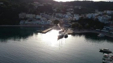 Aerial panoramic view over Patitiri, the capital town of Alonnisos island in Sporades, Aegean sea, Greece in Sporades, Magnesia, Aegean sea, Greece