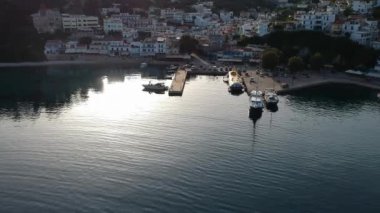 Aerial panoramic view over Patitiri, the capital town of Alonnisos island in Sporades, Aegean sea, Greece in Sporades, Magnesia, Aegean sea, Greece