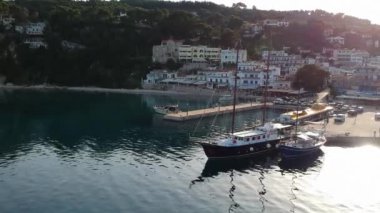 Aerial panoramic view over Patitiri, the capital town of Alonnisos island in Sporades, Aegean sea, Greece in Sporades, Magnesia, Aegean sea, Greece