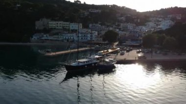 Aerial panoramic view over Patitiri, the capital town of Alonnisos island in Sporades, Aegean sea, Greece in Sporades, Magnesia, Aegean sea, Greece