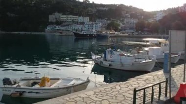 Aerial panoramic view over Patitiri, the capital town of Alonnisos island in Sporades, Aegean sea, Greece in Sporades, Magnesia, Aegean sea, Greece