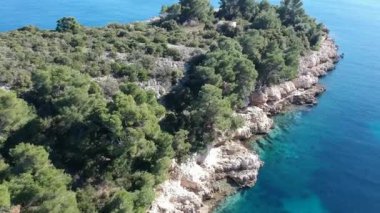 Aerial panoramic view over Patitiri, the capital town of Alonnisos island in Sporades, Aegean sea, Greece in Sporades, Magnesia, Aegean sea, Greece