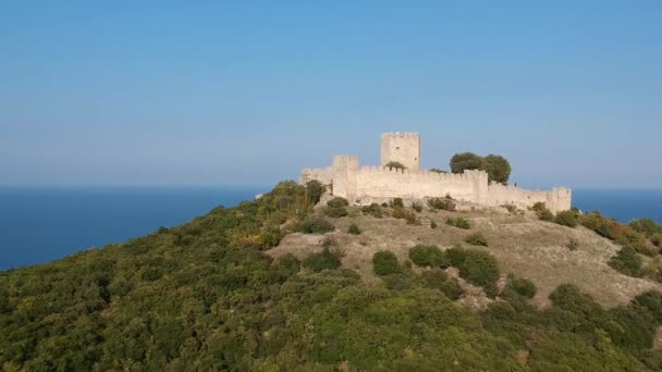 Panoramiczny Widok Słynny Zamek Platamonas Jego Zamek Krzyżowców Północnej Grecji — Wideo stockowe