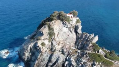 Aerial view of the famous small church Agios Ioannis in Skopelos. Its located in the region of Kastri, about 7km east of Glossa, northern Skopelos Sporades Greece.