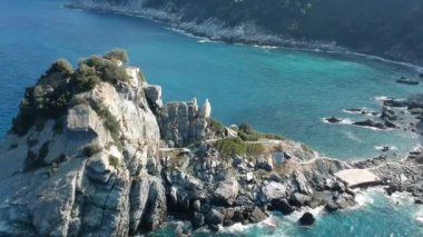 Aerial view of the famous small church Agios Ioannis in Skopelos. Its located in the region of Kastri, about 7km east of Glossa, northern Skopelos Sporades Greece.