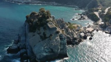 Aerial view of the famous small church Agios Ioannis in Skopelos. Its located in the region of Kastri, about 7km east of Glossa, northern Skopelos Sporades Greece.