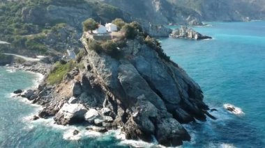 Aerial view of the famous small church Agios Ioannis in Skopelos. Its located in the region of Kastri, about 7km east of Glossa, northern Skopelos Sporades Greece.