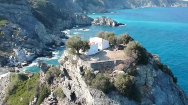 Aerial view of the famous small church Agios Ioannis in Skopelos. Its located in the region of Kastri, about 7km east of Glossa, northern Skopelos Sporades Greece.