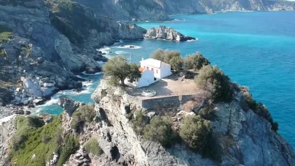 Aerial View Famous Small Church Agios Ioannis Skopelos Its Located — Wideo stockowe