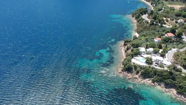 Widok Lotu Ptaka Plażę Agia Paraskevi Południowej Części Wyspy Skiathos — Wideo stockowe