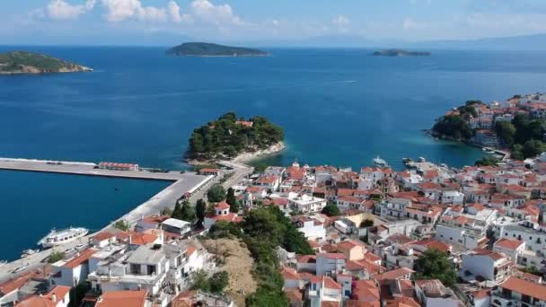 Vista Panorâmica Aérea Sobre Cidade Chora Ilha Skiathos Sporades Magnésia — Vídeo de Stock