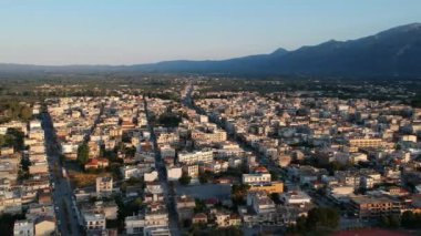 Aerial video of the modern city of Sparti Greece. Sparti was founded to commemorate the famous ancient town of Sparta in Laconia, Greece