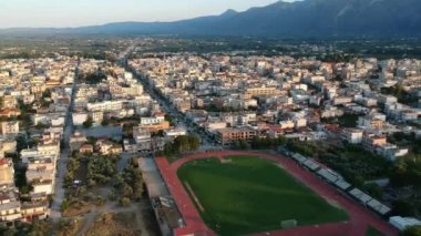 Aerial video of the modern city of Sparti Greece. Sparti was founded to commemorate the famous ancient town of Sparta in Laconia, Greece