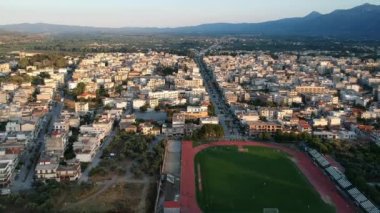 Aerial video of the modern city of Sparti Greece. Sparti was founded to commemorate the famous ancient town of Sparta in Laconia, Greece