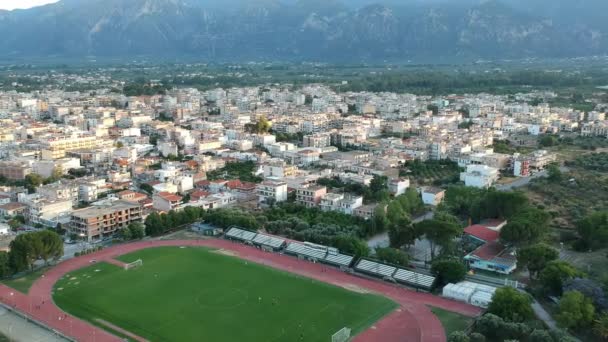 Aerial Video Soccer Stadium Sparti City Lakonia Greece — Stockvideo
