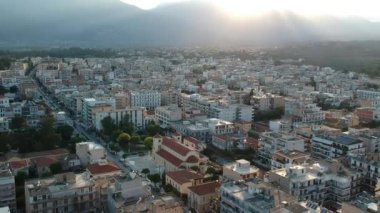 Aerial video of the modern city of Sparti Greece. Sparti was founded to commemorate the famous ancient town of Sparta in Laconia, Greece