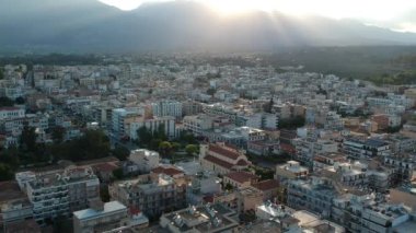 Aerial video of the modern city of Sparti Greece. Sparti was founded to commemorate the famous ancient town of Sparta in Laconia, Greece