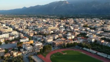 Aerial video of the modern city of Sparti Greece. Sparti was founded to commemorate the famous ancient town of Sparta in Laconia, Greece