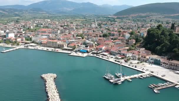 Aerial Panorama View Vonitsa Town Castle Vonitsa Historical Picturesque Coastal — Stock Video