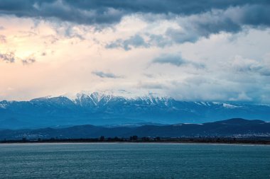 View of the impressive snowy mount Taygetus from Lakonia, Greece, Europe