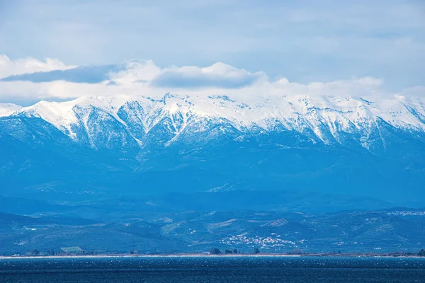 View of the impressive snowy mount Taygetus from Lakonia, Greece, Europe