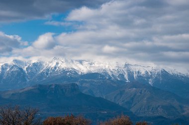 View of the impressive snowy mount Taygetus from Lakonia, Greece, Europe