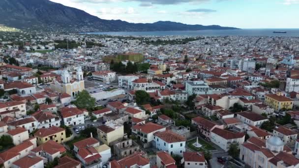 Vista Aérea Sobre Centro Histórico Antiguo Ciudad Costera Kalamata Grecia — Vídeos de Stock