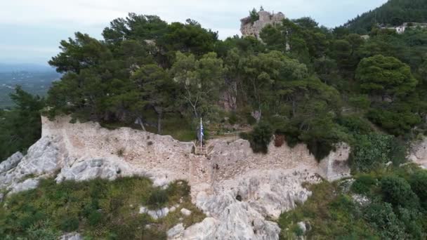 Luchtfoto Het Historische Kasteel Van Kyparissia Kustplaats Bij Zonsondergang Gelegen — Stockvideo