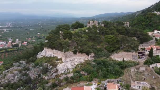 Vista Aérea Sobre Castelo Histórico Kyparissia Cidade Costeira Pôr Sol — Vídeo de Stock