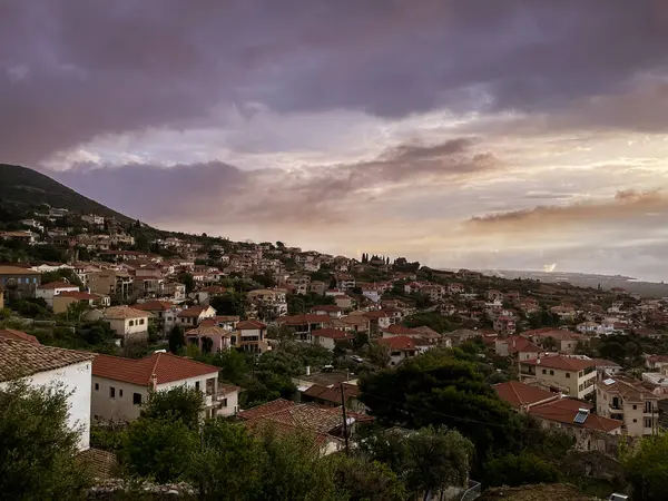 Bela Vista Pôr Sol Pelo Castelo Histórico Kyparissia Cidade Costeira — Fotografia de Stock