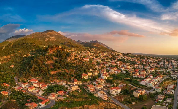 Bela Vista Pôr Sol Pelo Castelo Histórico Kyparissia Cidade Costeira — Fotografia de Stock