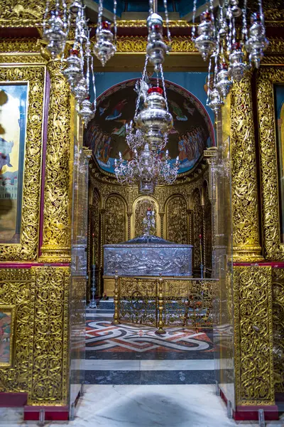 stock image Silver casket inside the Church of St Agios Dionysios with the remains of Saint Dionysius inside