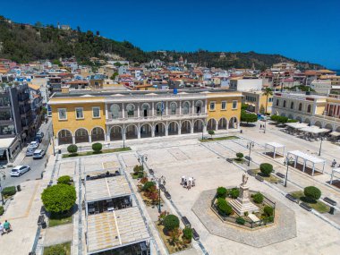 ZAKYNTHOS, GREECE - JUNE 20 2024: Aerial panoramic view over Zakynthos city against a beautiful blue Summer sky. Zakynthos island, Ionian sea in western Greece clipart