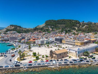 ZAKYNTHOS, GREECE - JUNE 20 2024: Aerial panoramic view over Zakynthos city against a beautiful blue Summer sky. Zakynthos island, Ionian sea in western Greece clipart