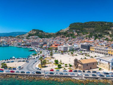 ZAKYNTHOS, GREECE - JUNE 20 2024: Aerial panoramic view over Zakynthos city against a beautiful blue Summer sky. Zakynthos island, Ionian sea in western Greece clipart