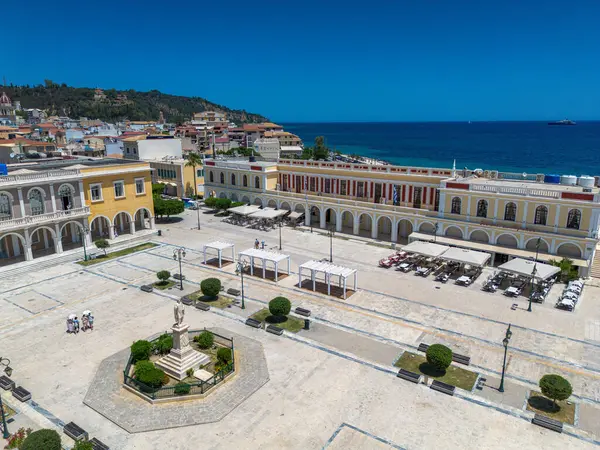 stock image ZAKYNTHOS, GREECE - JUNE 20 2024: Aerial panoramic view over Zakynthos city against a beautiful blue Summer sky. Zakynthos island, Ionian sea in western Greece