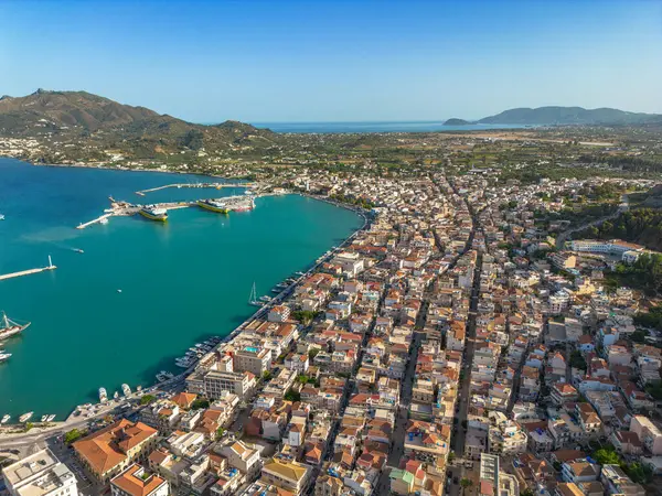 stock image Aerial panoramic view over Zakynthos town in Zakynthos island in Greece at sunset.