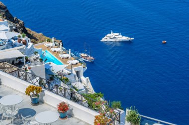 Santorini adasında muhteşem bir gün manzarası, Yunanistan 'da Kiklad