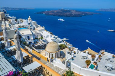 Santorini adasında muhteşem bir gün manzarası, Yunanistan 'da Kiklad