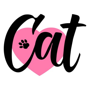 Sevimli lakonik vektör harfleri kedi pençesi izleri ve şeffaf arka planda siyah ve pembe renkli kalpler.