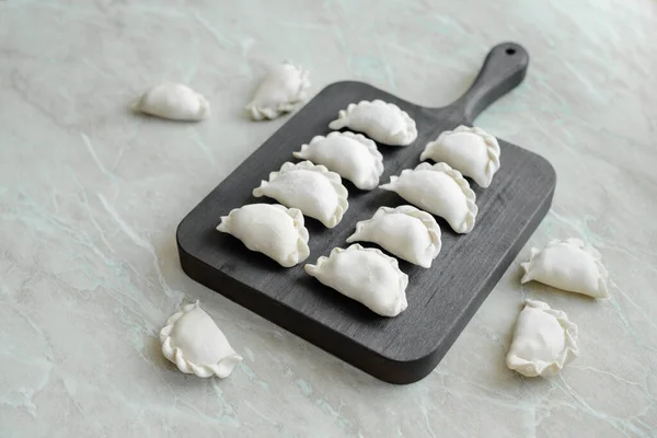 Beautiful Raw Stuffed Dumplings Wooden Cutting Board Delicious Fast Food — Stock Photo, Image