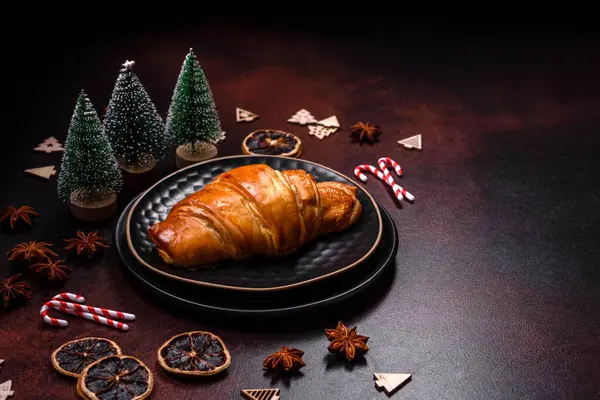 Beautiful Different Christmas Decorations Croissant Brown Concrete Table Preparation New — Stock Photo, Image