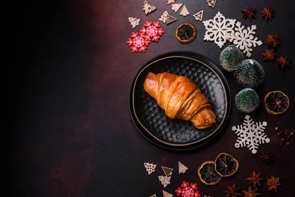 Beautiful Different Christmas Decorations Croissant Brown Concrete Table Preparation New — Stock Photo, Image