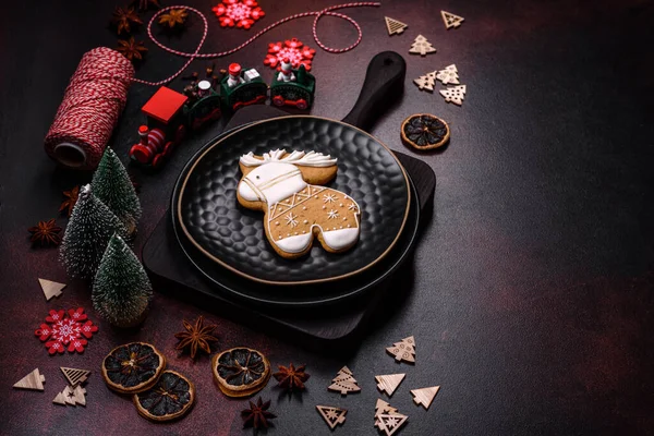 Beautiful Different Christmas Decorations Gingerbread Brown Concrete Table Preparation New — Stock Photo, Image