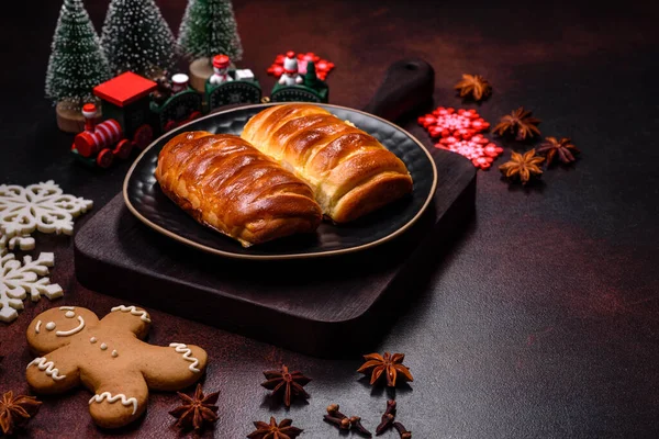 Sweet Tasty Fresh Festive Baking Dark Concrete Background Preparing Christmas — Stock Photo, Image
