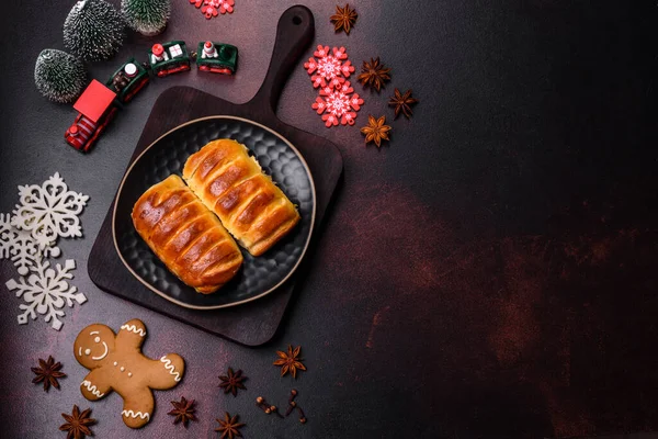 Sweet Tasty Fresh Festive Baking Dark Concrete Background Preparing Christmas — Stock Photo, Image