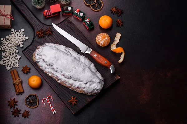 Christmas Pie Stollen Marzipan Berries Nuts Dark Concrete Background Preparation — Stock Photo, Image